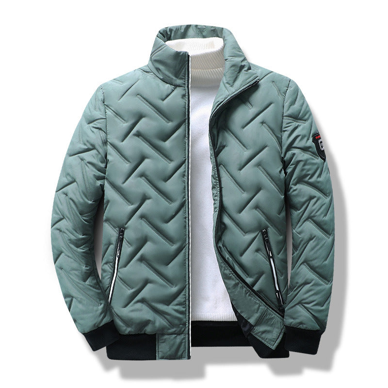 Warm men's fall/winter quilted jacket. Modern slim fit, chevron pattern, stand collar. Perfect for casual style.