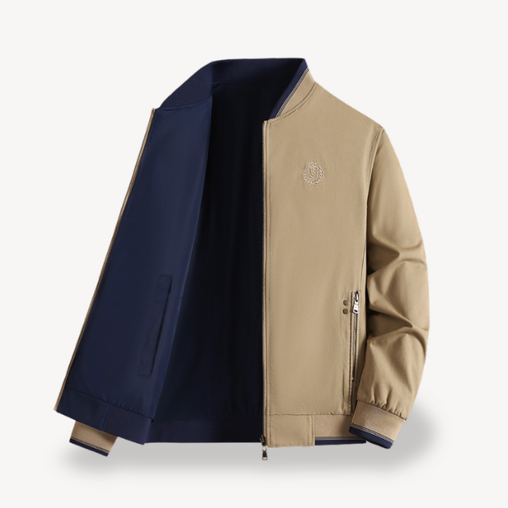 Beige men's reversible bomber jacket, slim fit & lightweight for casual wear.