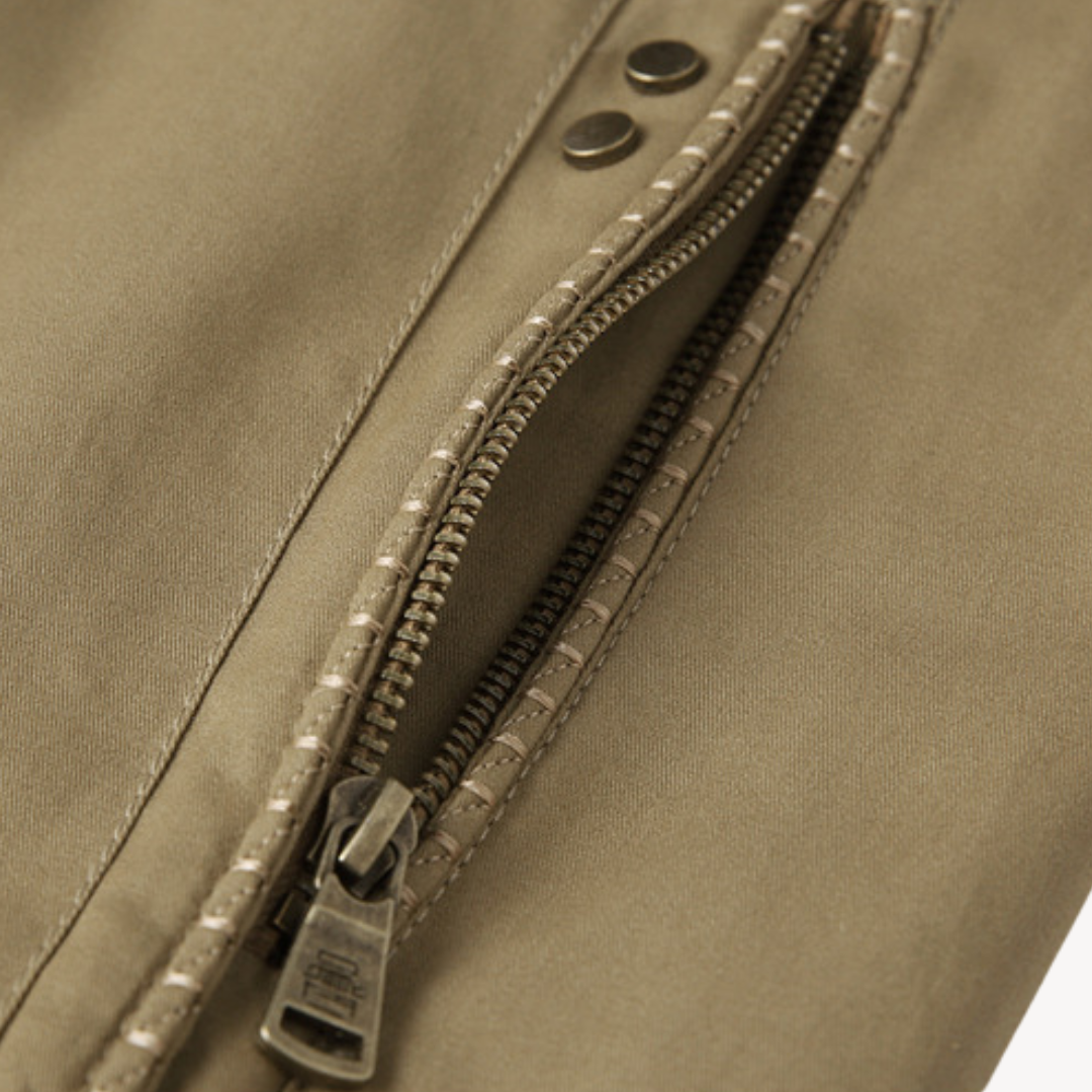 Khaki men's slim fit reversible bomber, versatile jacket for modern style.