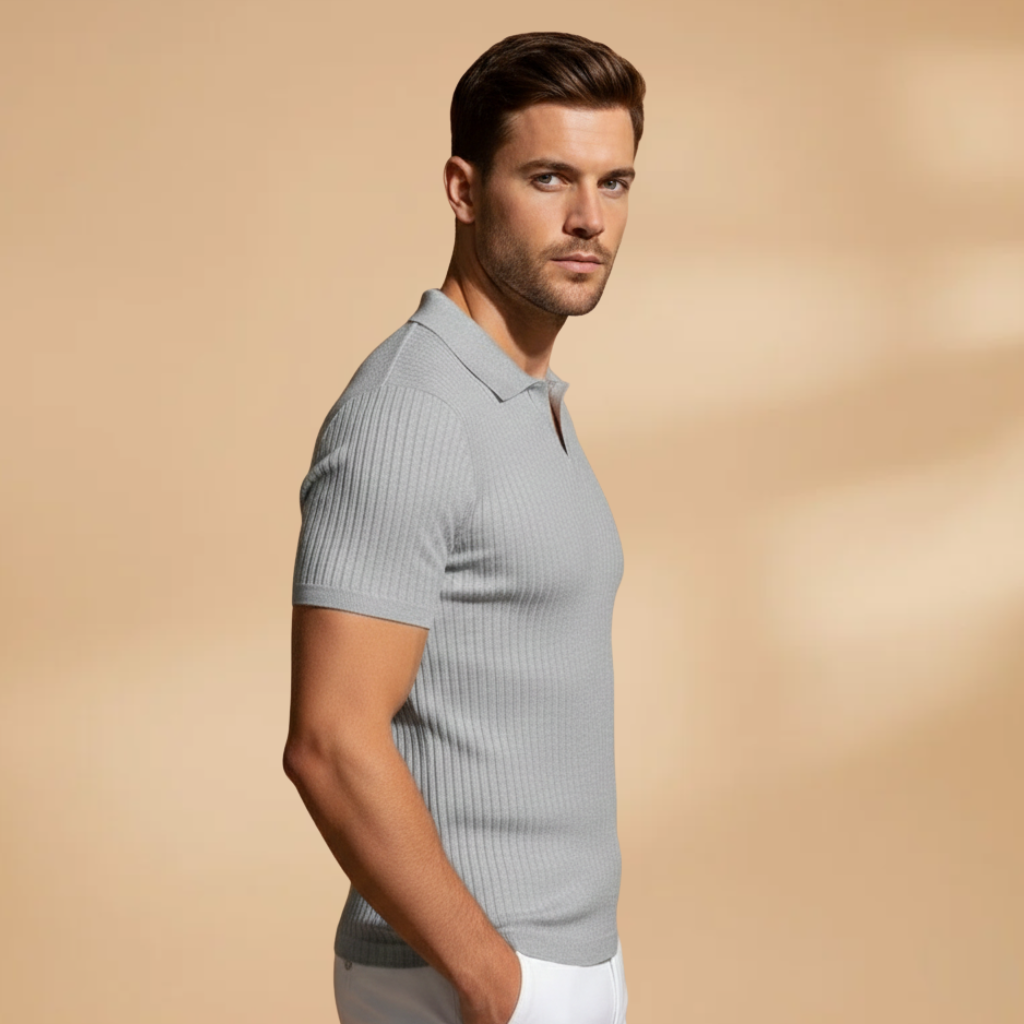 Modern men's polo shirt, featuring ribbed texture and slim fit for a sophisticated look.