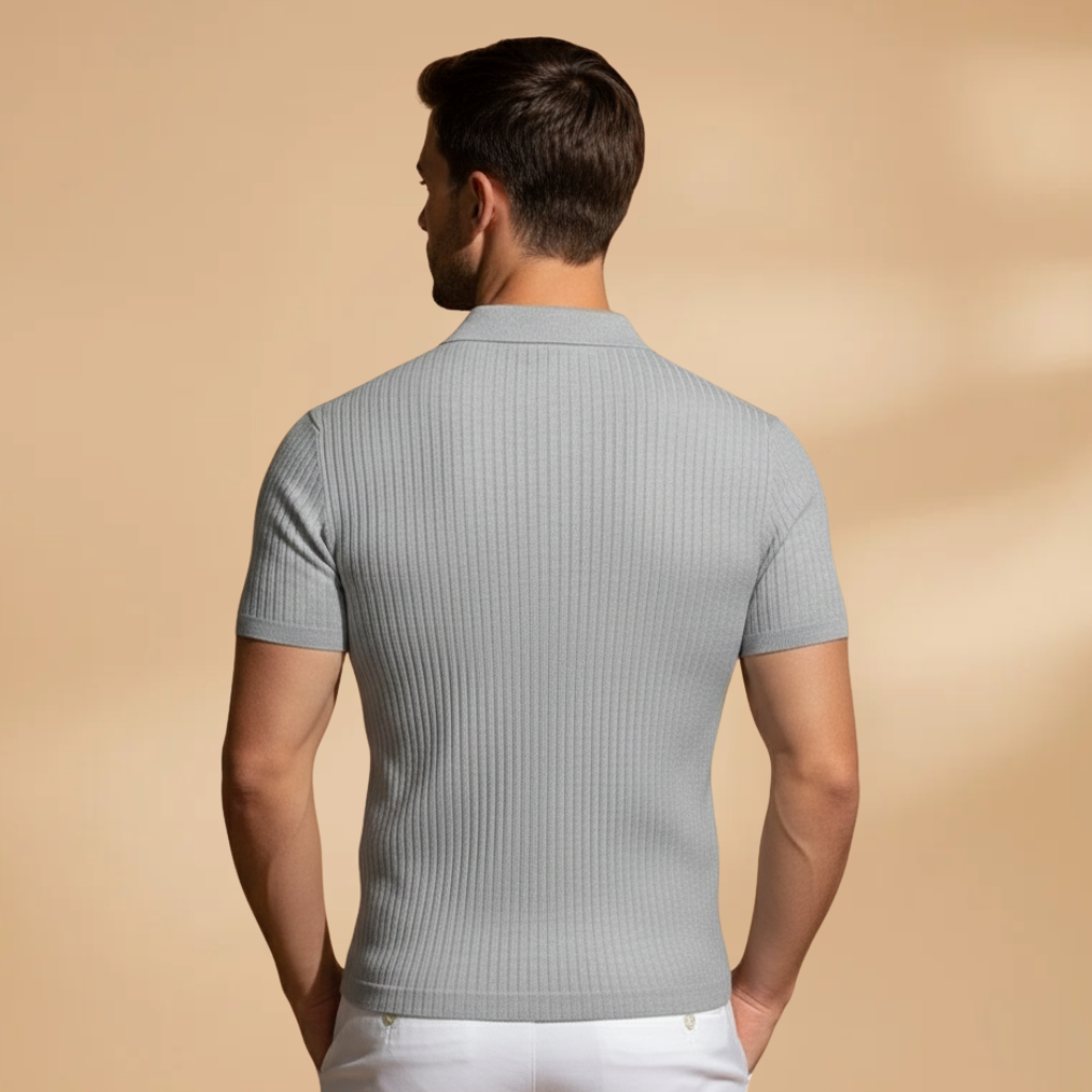 Versatile men's slim fit ribbed polo, great for transitioning from casual to smart casual outfits.
