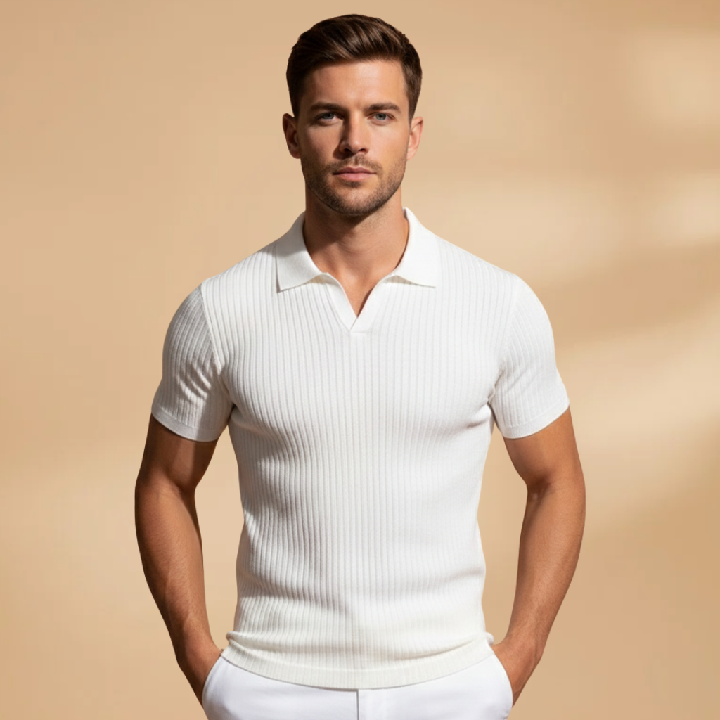 Polished men's ribbed polo shirt with a sleek slim fit, perfect for a stylish and comfortable feel.