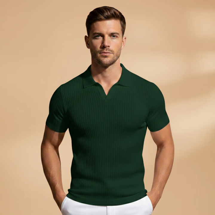 Contemporary men's slim fit ribbed polo in [color], suitable for various smart casual occasions.