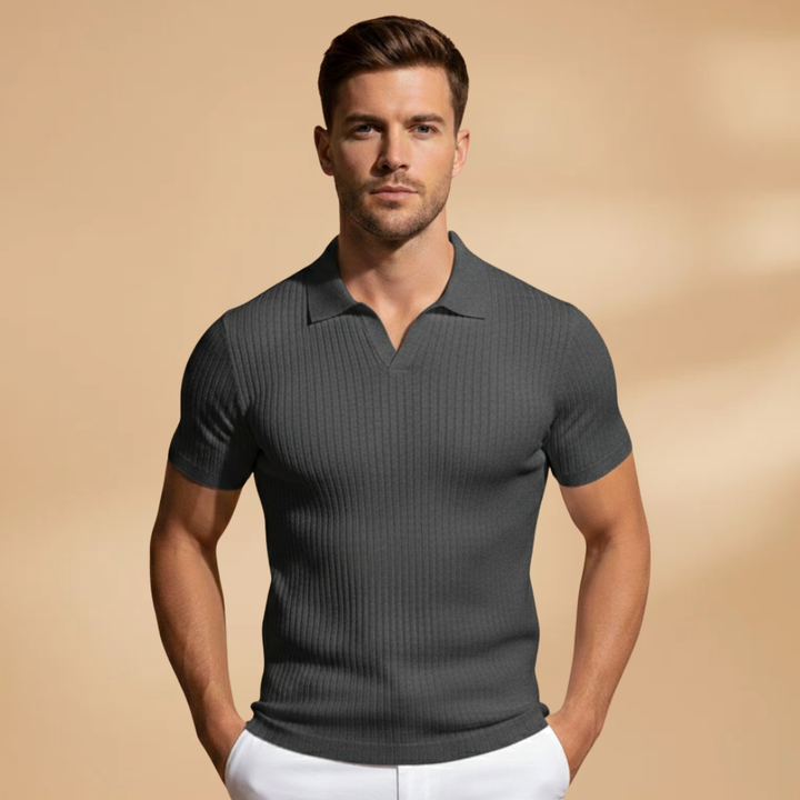 Men's stylish ribbed polo, designed with a slim fit for a sharp and modern wardrobe essential.
