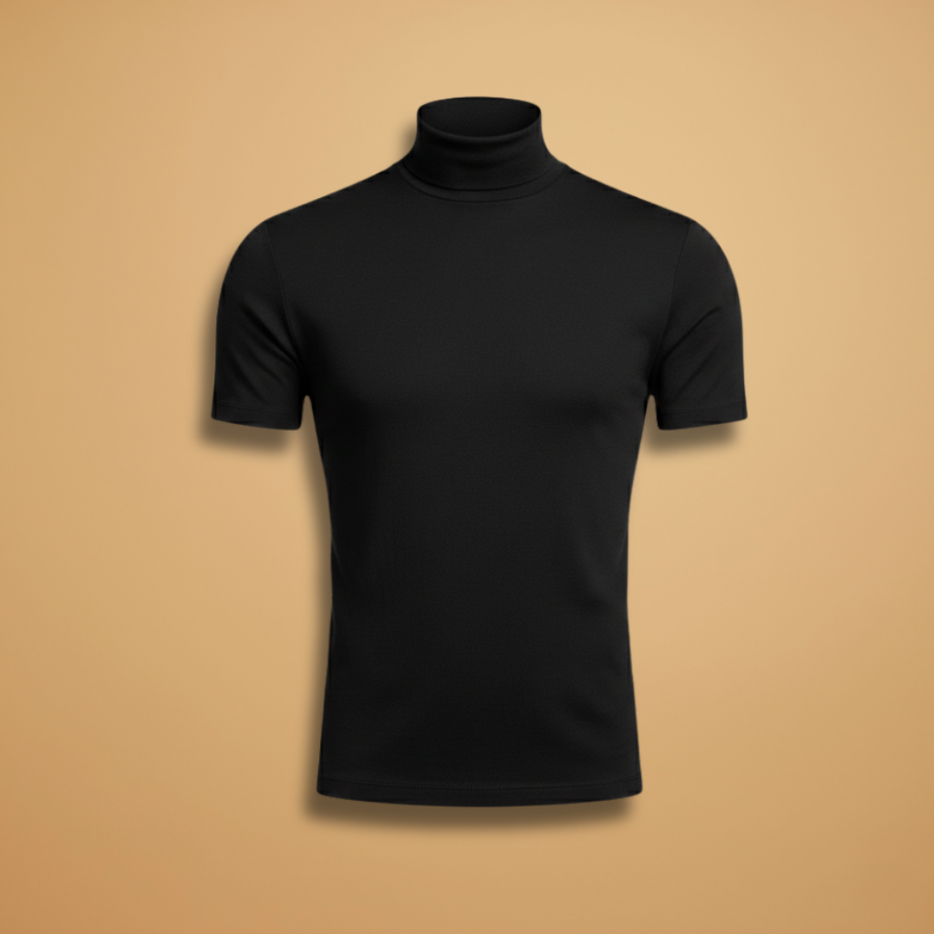 Men's slim fit roll neck t-shirt in black, perfect for layering.