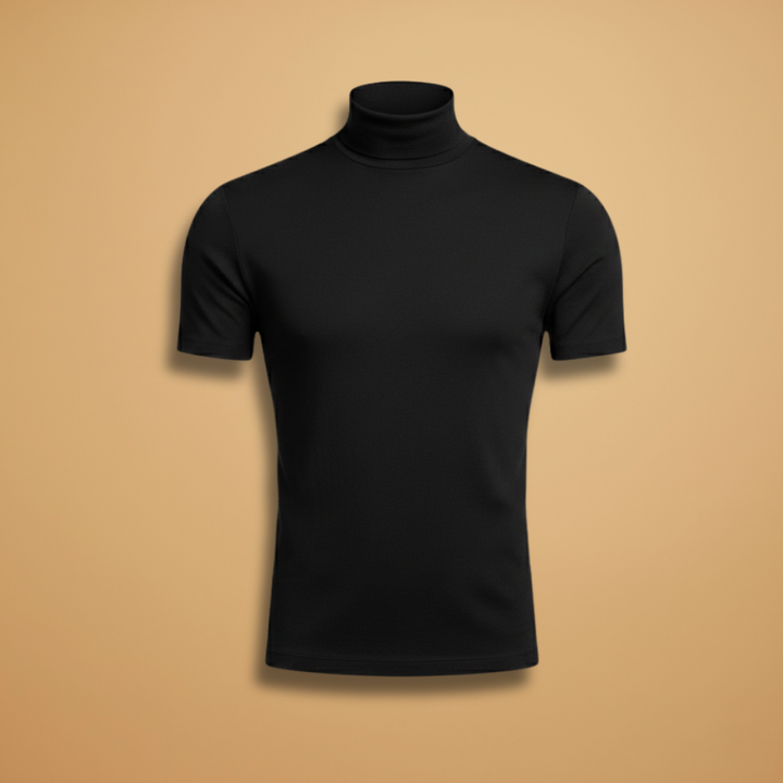 Men's slim fit roll neck t-shirt in black, perfect for layering.