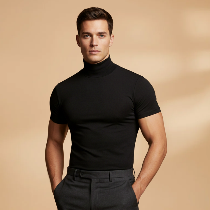 Close-up of the stretch fabric on a men's long sleeve roll neck tee.