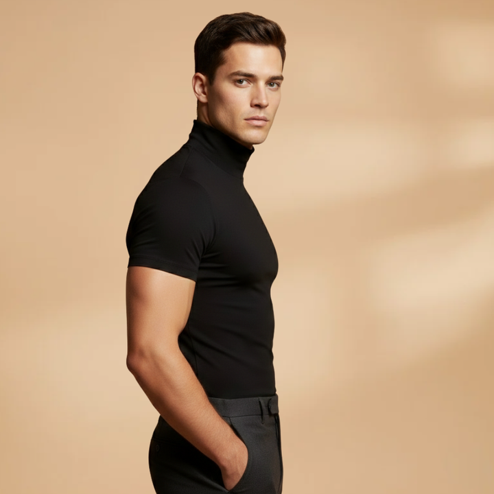 Model wearing a men's fitted roll neck t-shirt as a stylish base layer.