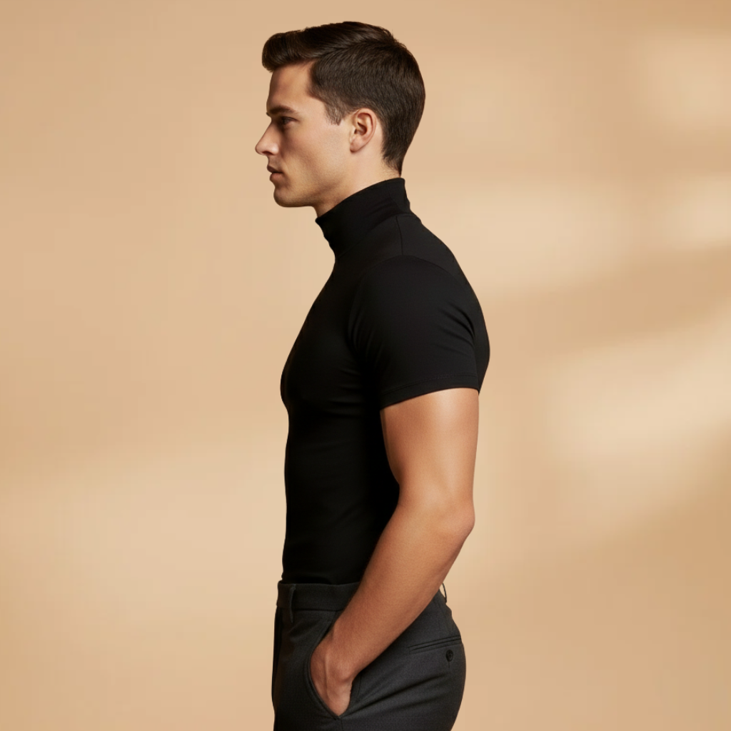 Men's casual wear: a comfortable and stylish slim fit roll neck t-shirt.