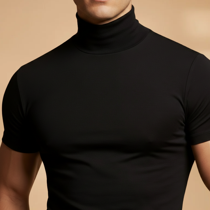 Front view of a men's slim fit long sleeve t-shirt with a smooth roll neck.