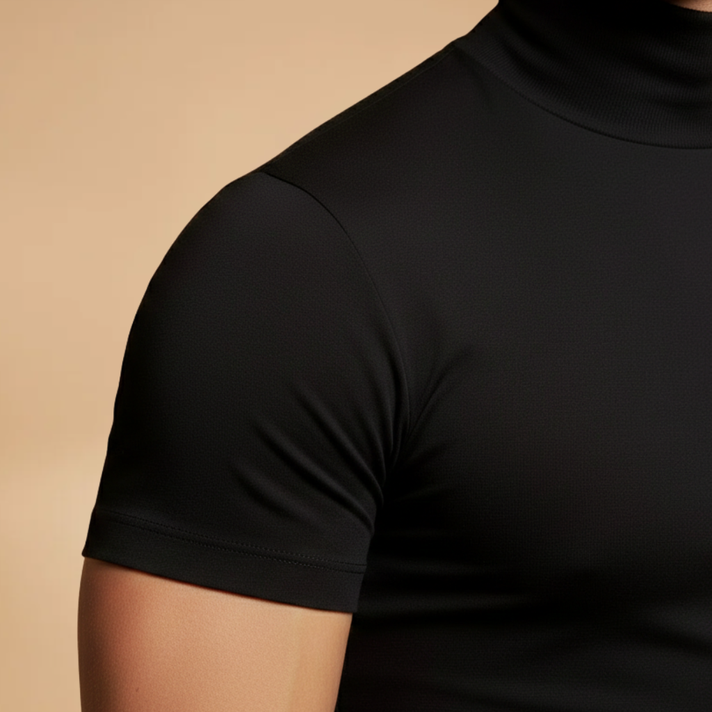 Men's fashion essential: a soft stretch roll neck t-shirt for easy styling.