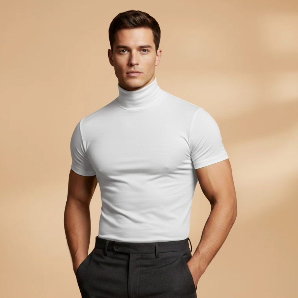 Detailed shot of the seam and fit of a men's slim fit base layer tee.