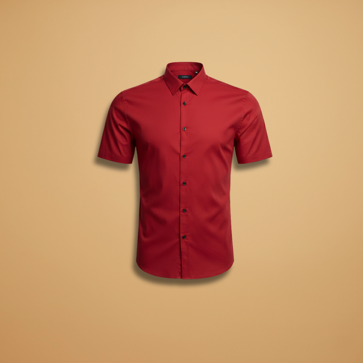 Men's slim fit short sleeve button-down shirt in red, a stylish casual wear option.