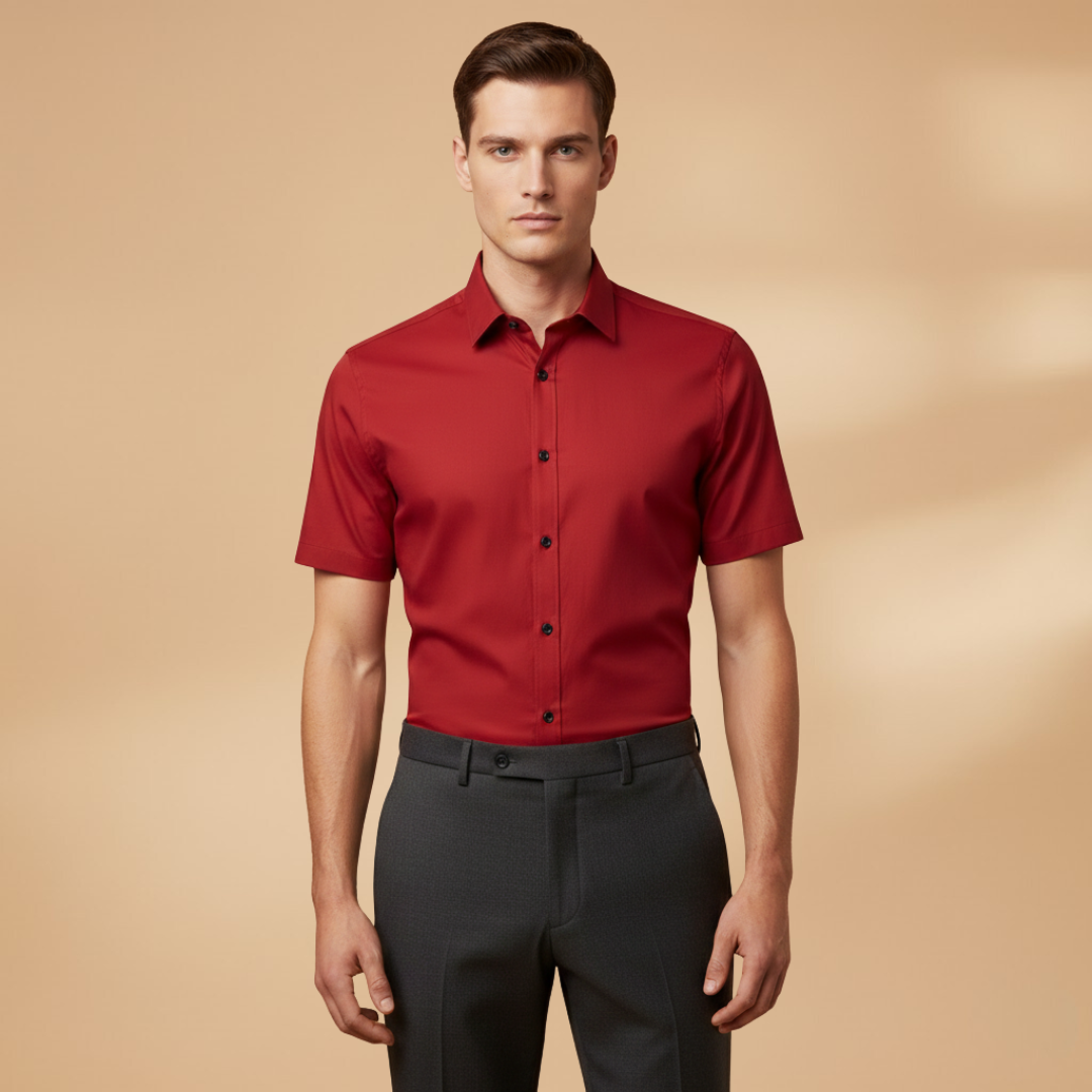 Close-up of a men's fitted short sleeve button-down shirt showcasing fabric texture.