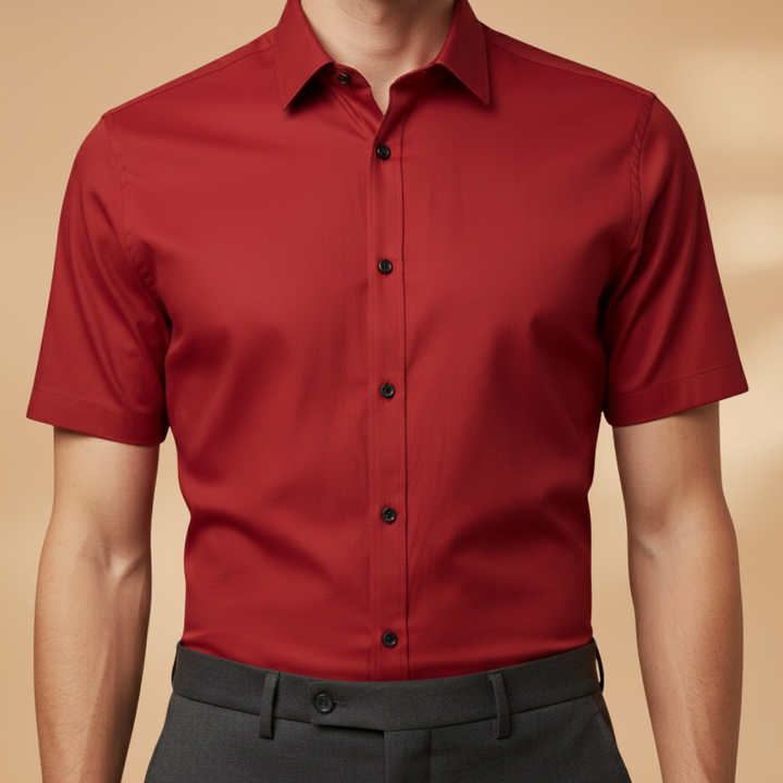 Front view of a red men's fitted shirt with short sleeves and classic button-down collar.