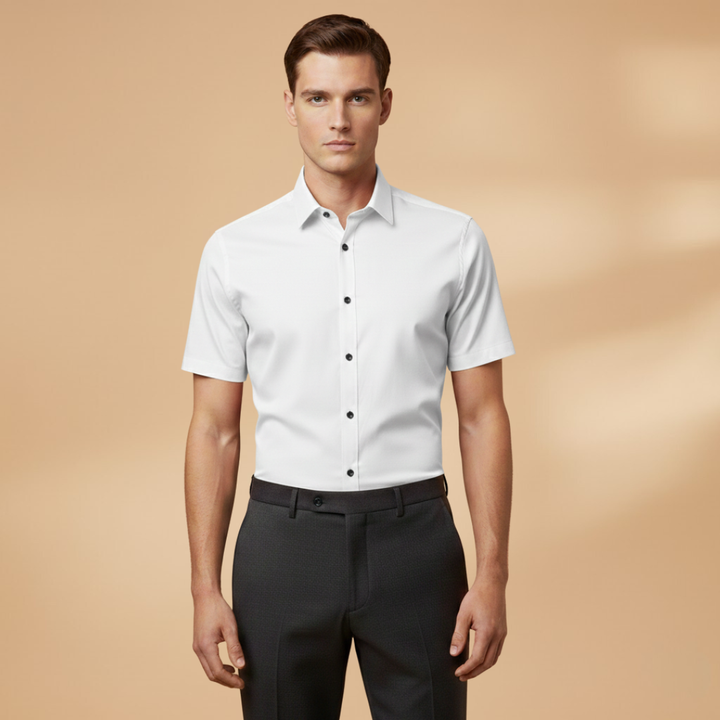 Stylish men's apparel: a red short sleeve button-down shirt with a slim fit.