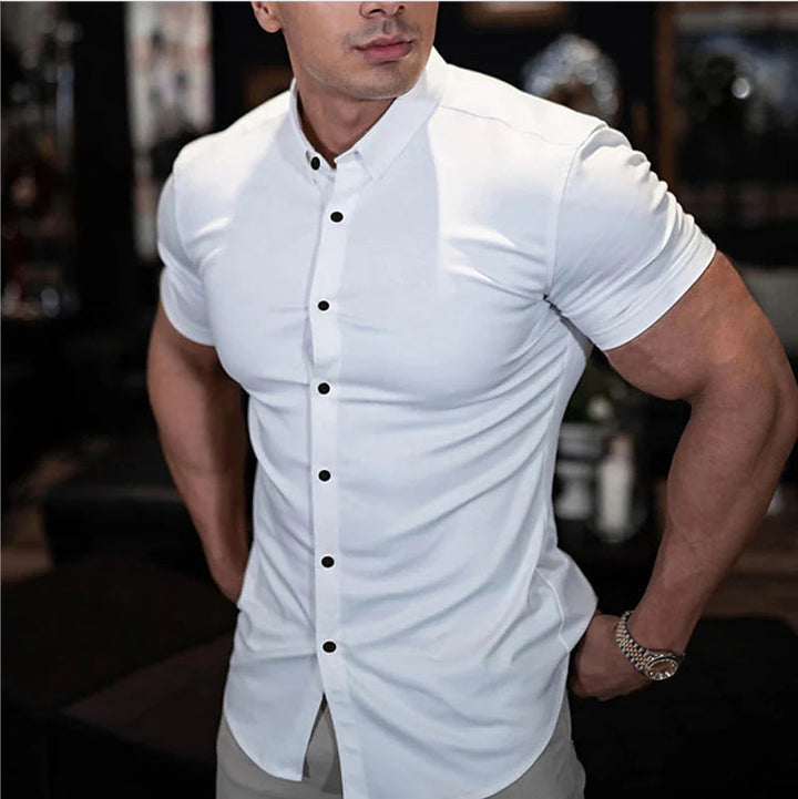 Slim fit men's short sleeve shirt, a modern button-down for a sharp, elegant summer fashion look.