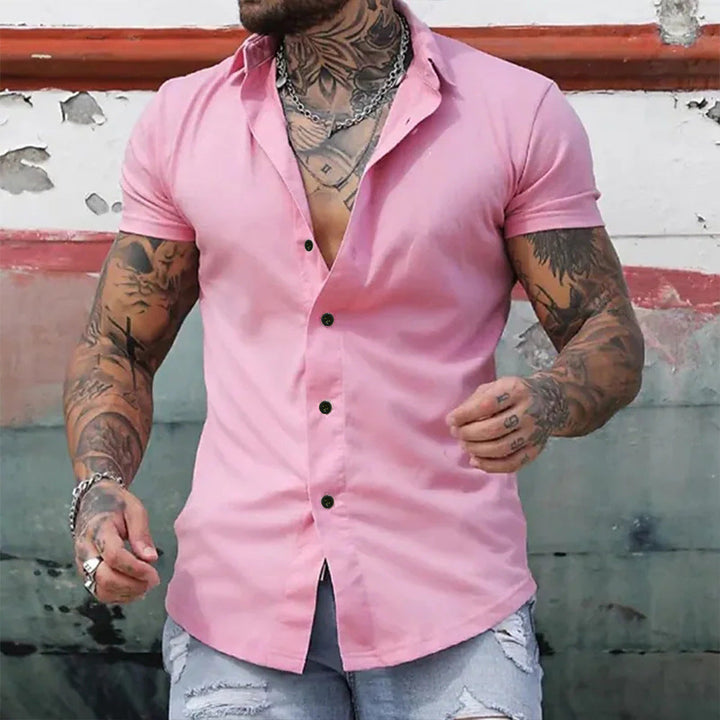 Modern men's slim fit short sleeve shirt, an elegant button-down for versatile spring & summer fashion.