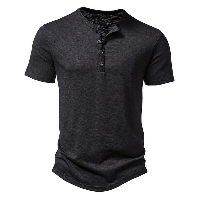 Men's slim fit short sleeve henley t-shirt with button collar, casual wear essential.