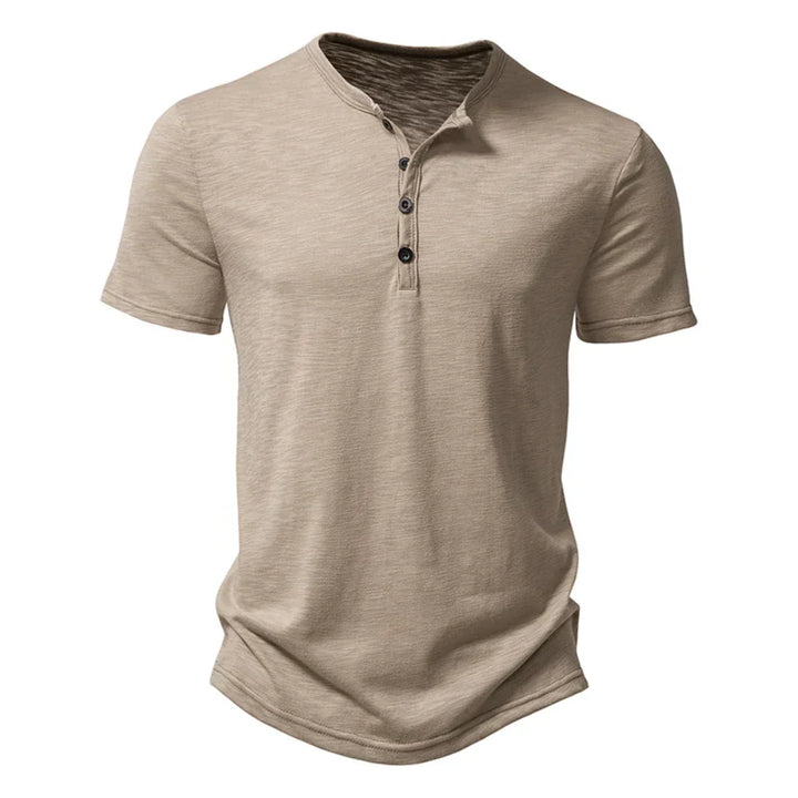 Everyday wear staple: slim fit men's t-shirt with short sleeves and buttoned henley neck.