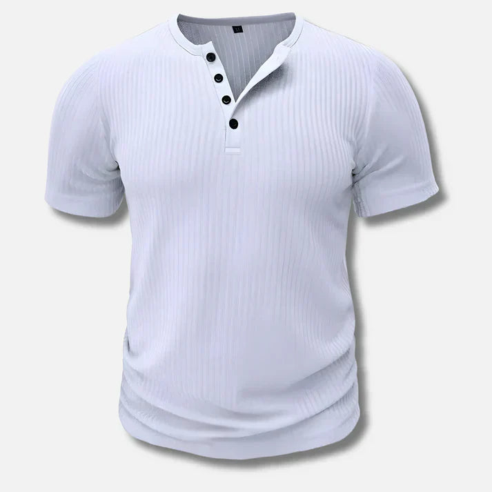 Stylish men's slim-fit Henley t-shirt, short-sleeve design with button closure for modern casual outfits.
