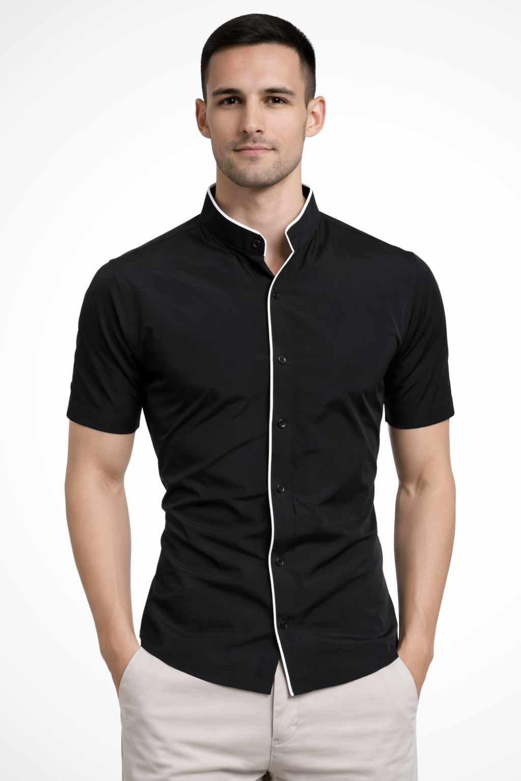 Men's slim fit short sleeve shirt with modern stand collar. Smart casual black.