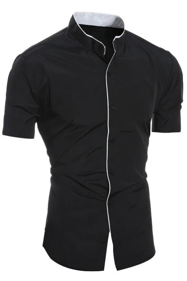 Close-up of men's slim fit shirt featuring a stylish stand collar and button front.