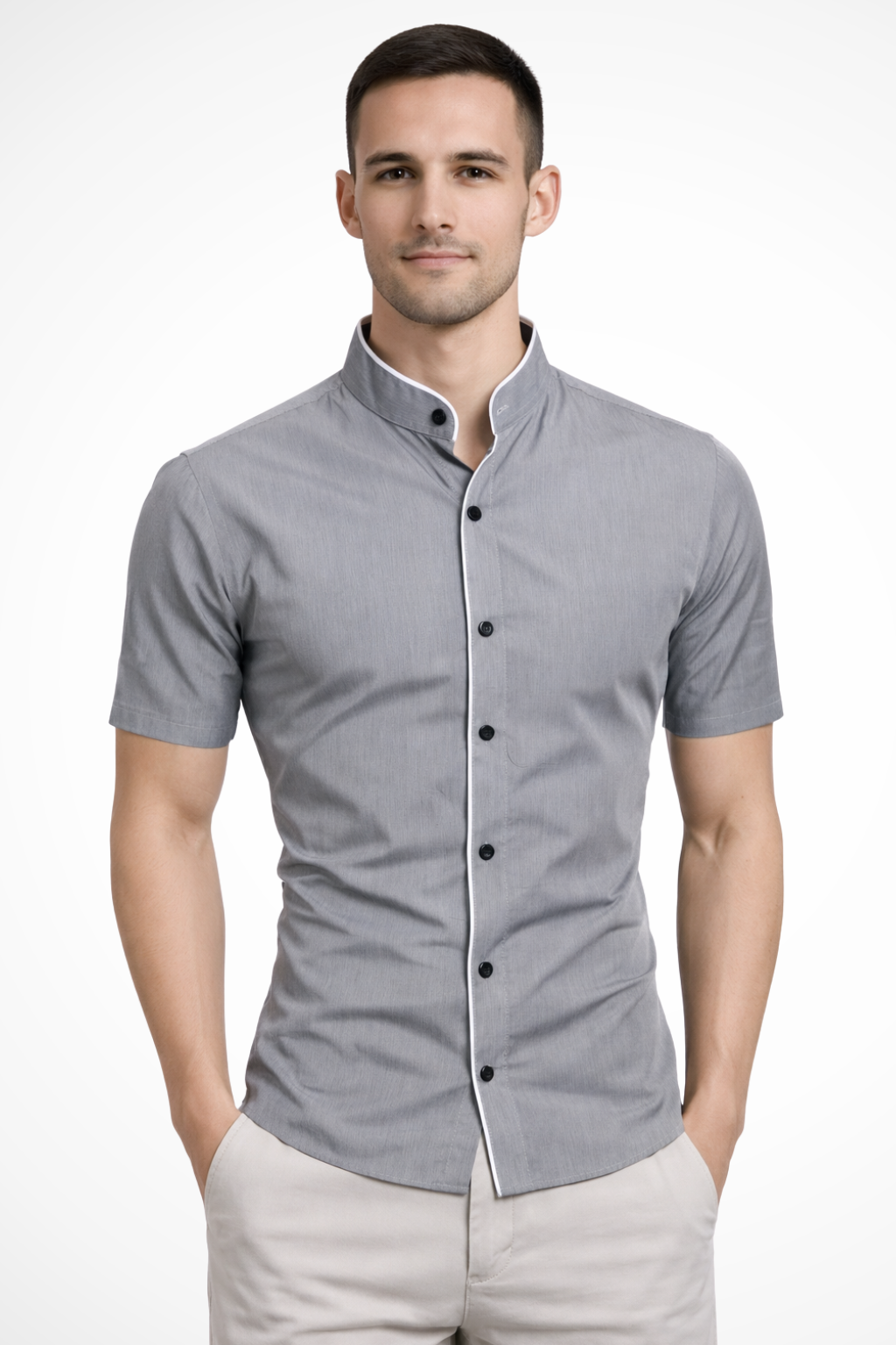 Versatile men's short sleeve shirt in grey, perfect for a smart casual look.