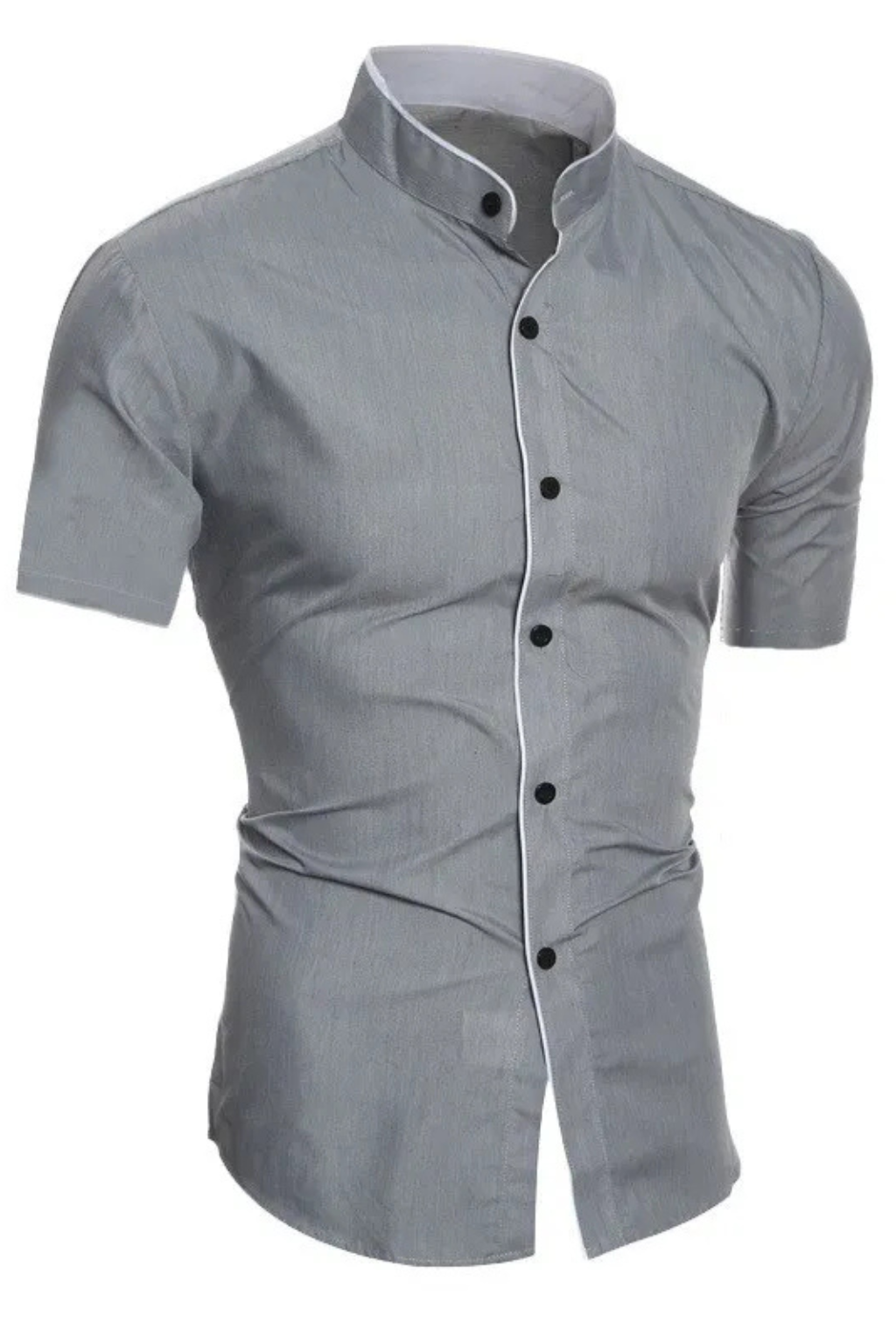 Model wearing a men's slim fit button-down shirt with a contemporary stand collar.