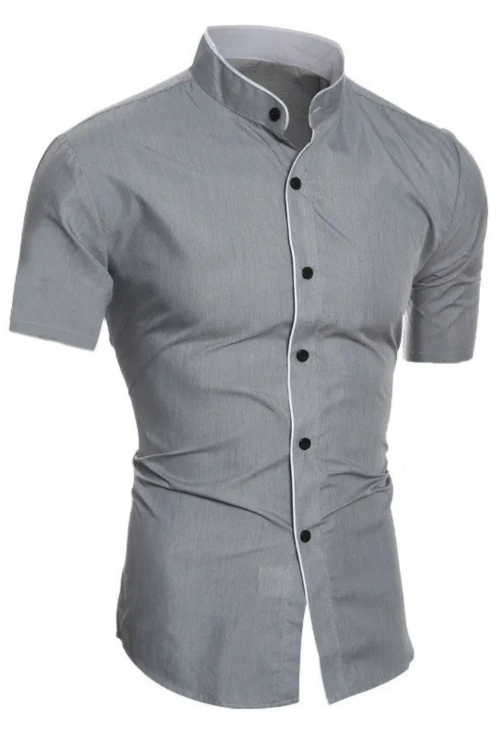 Model wearing a men's slim fit button-down shirt with a contemporary stand collar.