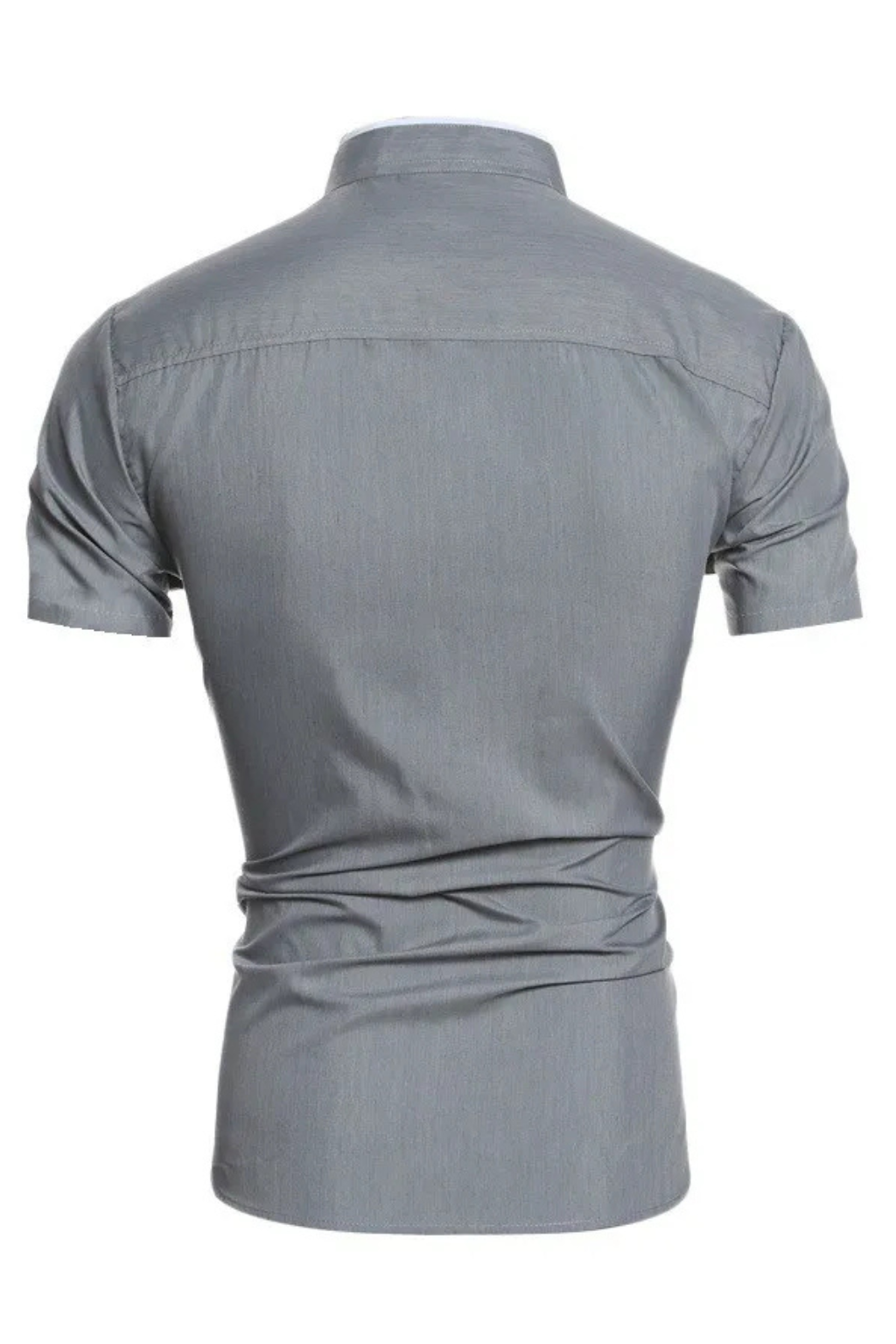 Men's black short sleeve shirt with a sharp stand collar, ideal for modern style.