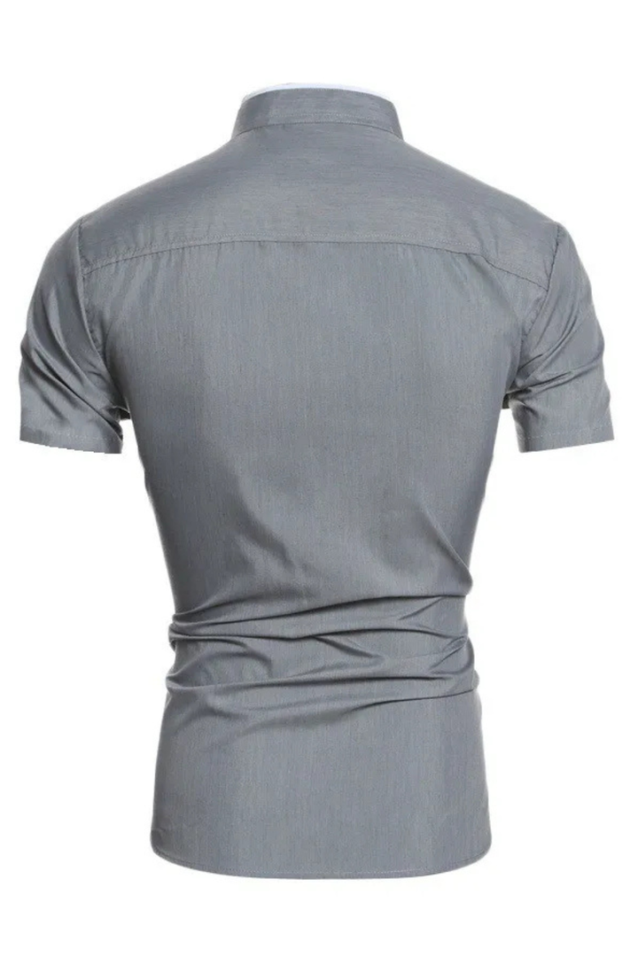 Men's black short sleeve shirt with a sharp stand collar, ideal for modern style.