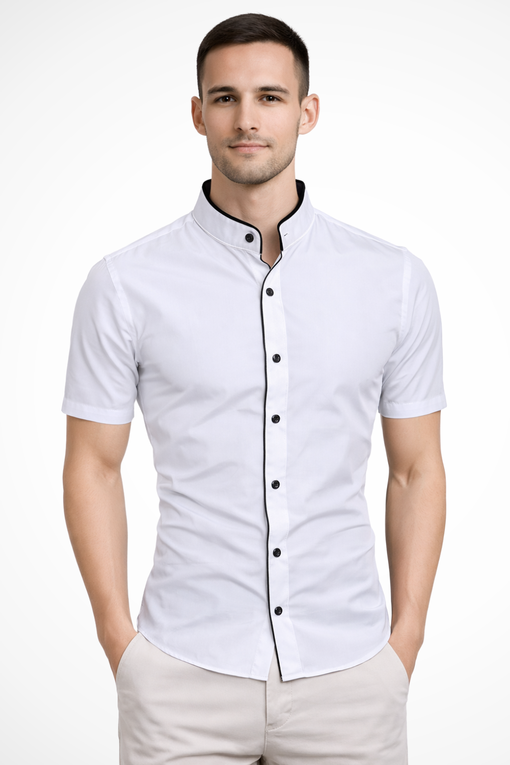 Front view of a men's slim fit shirt showcasing its short sleeves and stand collar.