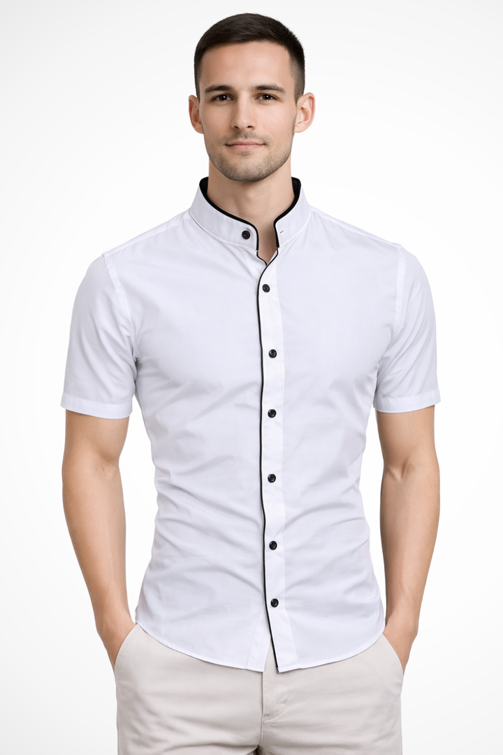 Front view of a men's slim fit shirt showcasing its short sleeves and stand collar.