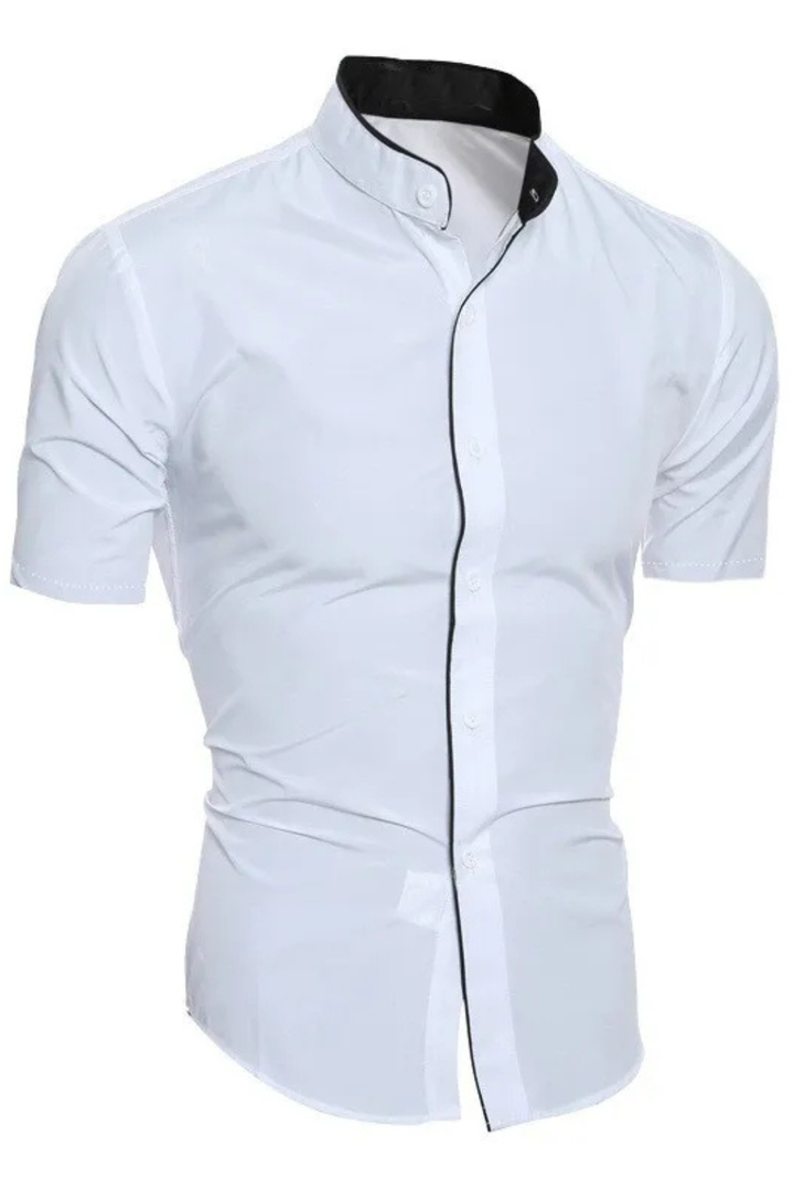 Elegant white men's shirt with short sleeves and a fashionable stand collar design.