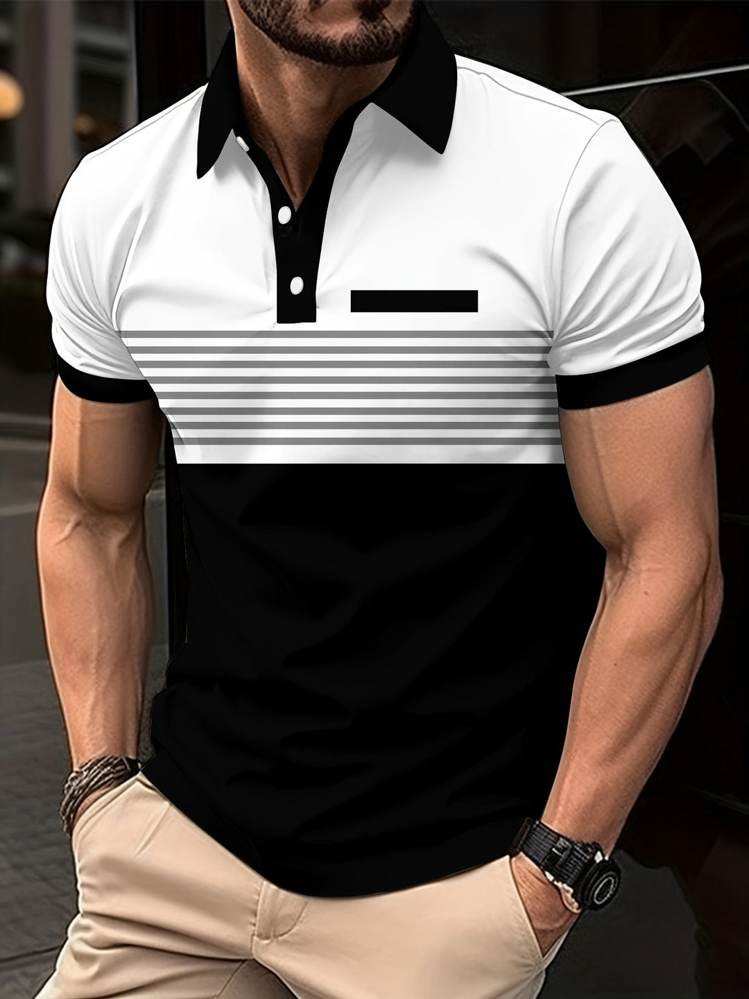 Men's slim fit short sleeve striped polo shirt, ideal for casual wear & modern summer style.