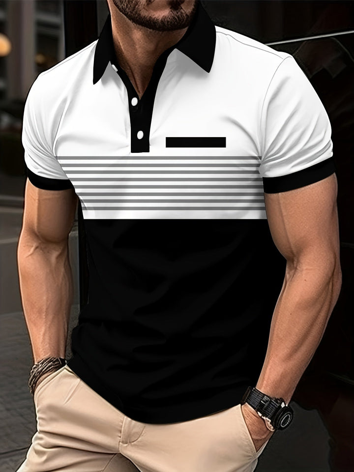 Men's slim fit short sleeve striped polo shirt, ideal for casual wear & modern summer style.