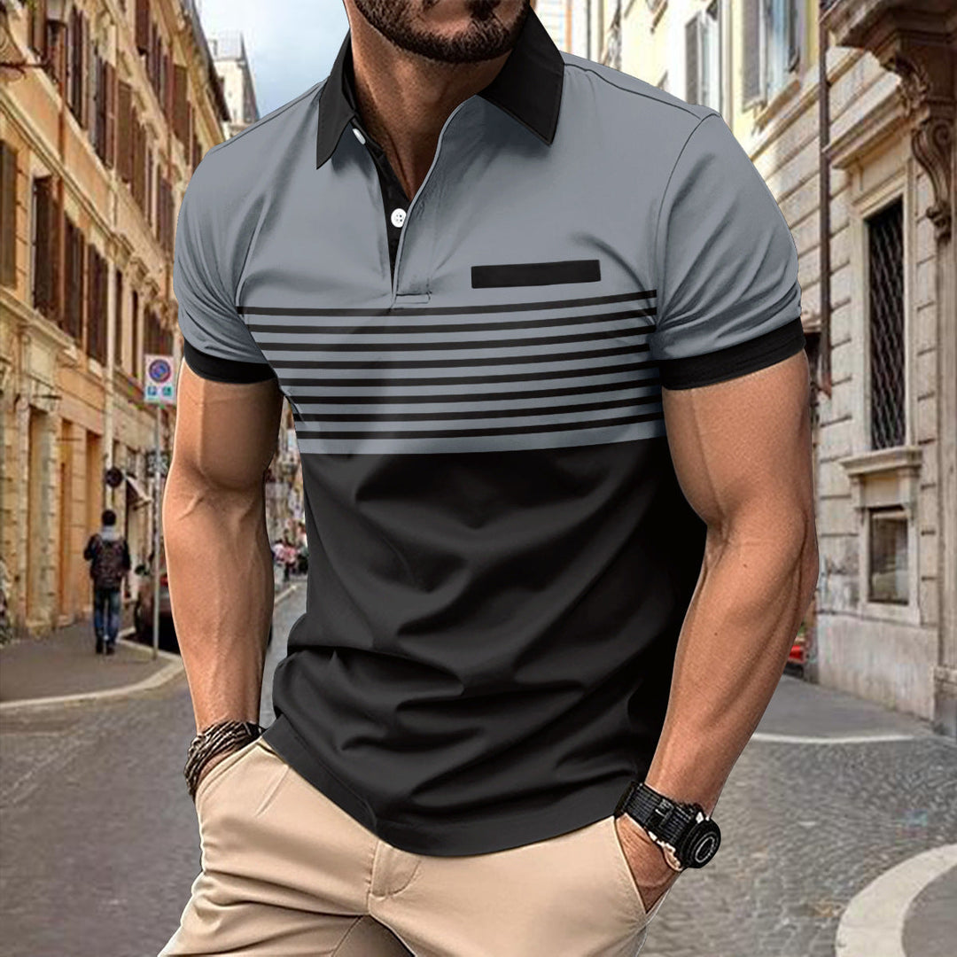 Comfortable men's short sleeve striped polo, slim fit design for a modern, casual look.