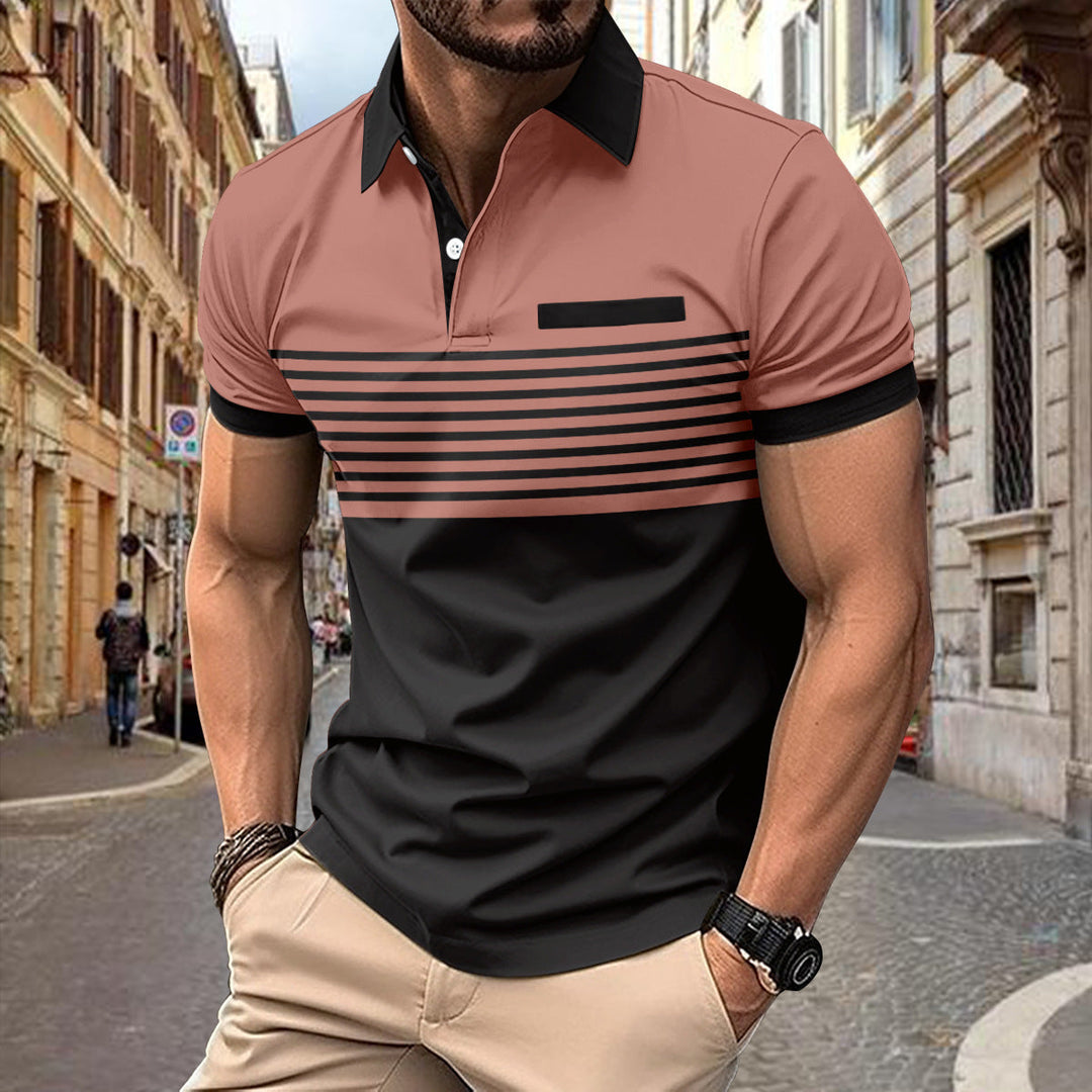 Front view: Men's slim fit short sleeve striped polo shirt, a stylish top for casual and summer wear.