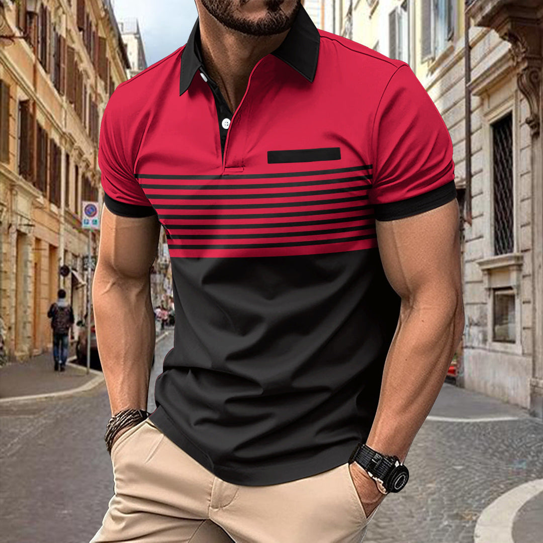 Man wearing a slim fit short sleeve striped polo shirt, perfect for versatile summer casual style.