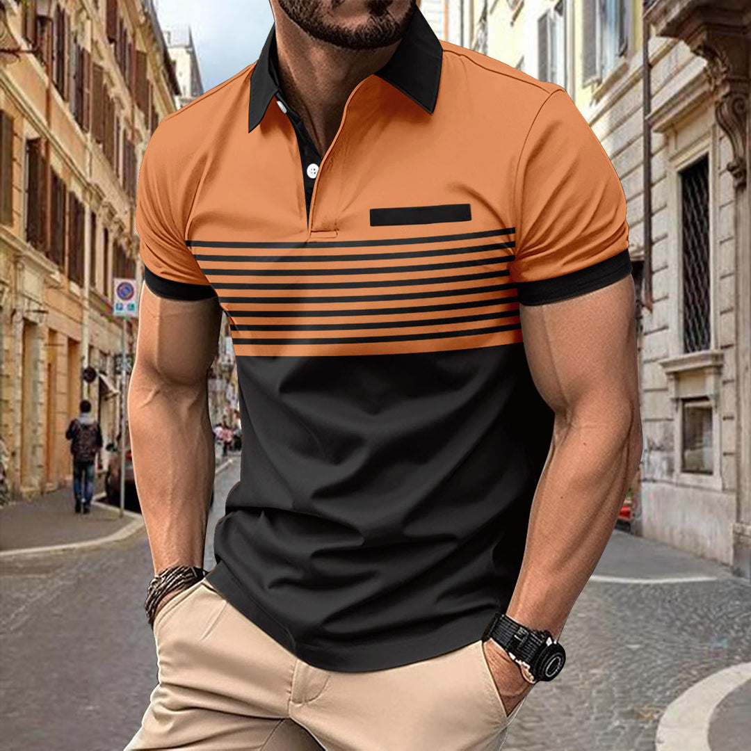 Detail shot: Men's slim fit short sleeve striped polo, showcasing fabric texture & stripe pattern.