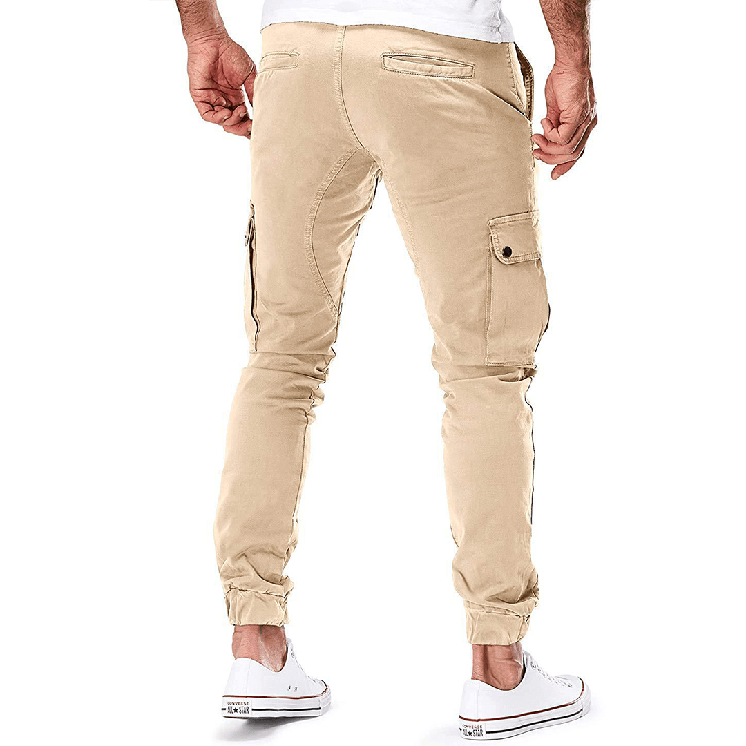 Versatile men's multi-pocket slim fit cargo trousers, ideal for casual wear & active lifestyles.