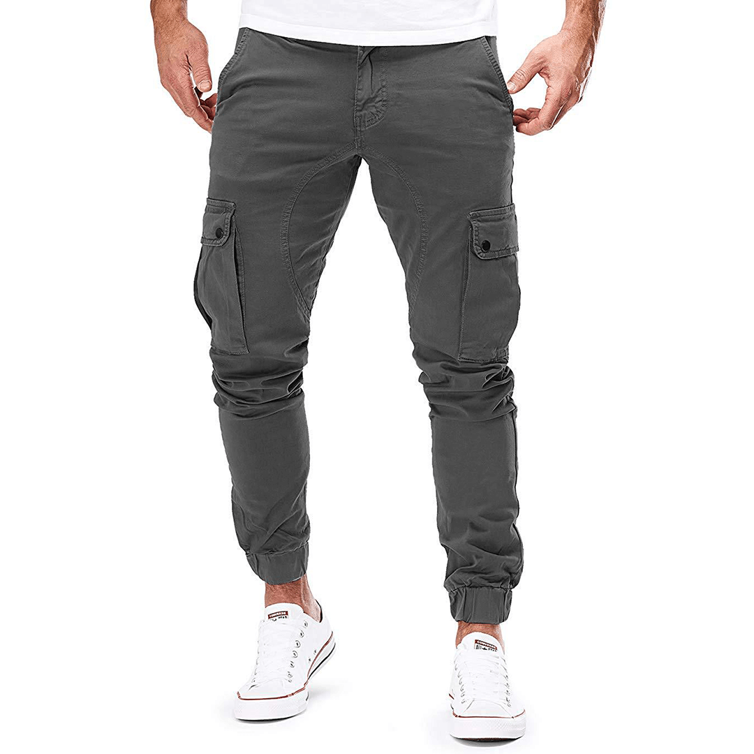 Modern men's slim fit stretch cargo pants, combining style with practical pockets for versatile fashion.