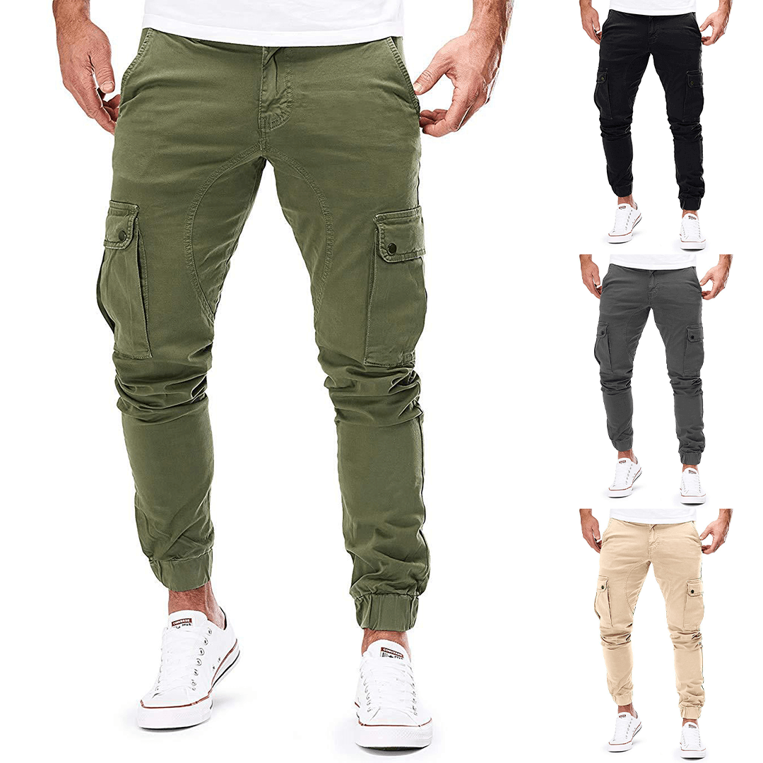 Durable men's slim fit stretch cargo trousers, comfortable & stylish with ample pocket space.