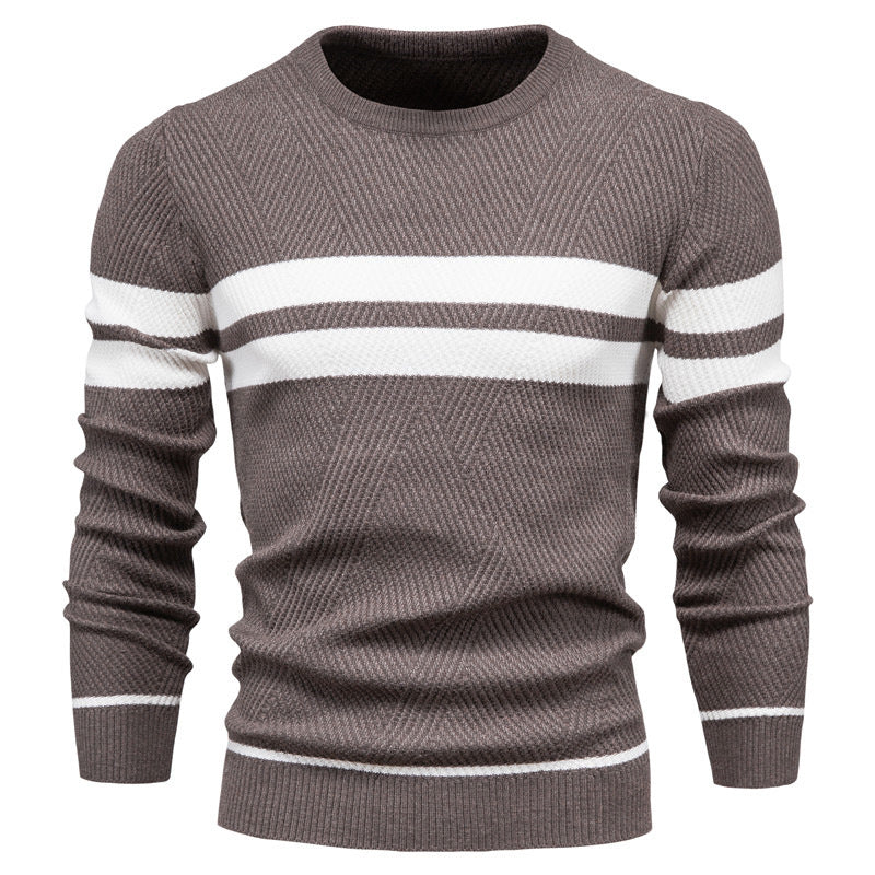 Stylish men's slim fit striped crew neck sweater, an essential for casual winter fashion.