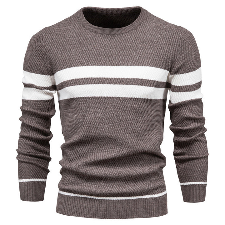 Stylish men's slim fit striped crew neck sweater, an essential for casual winter fashion.