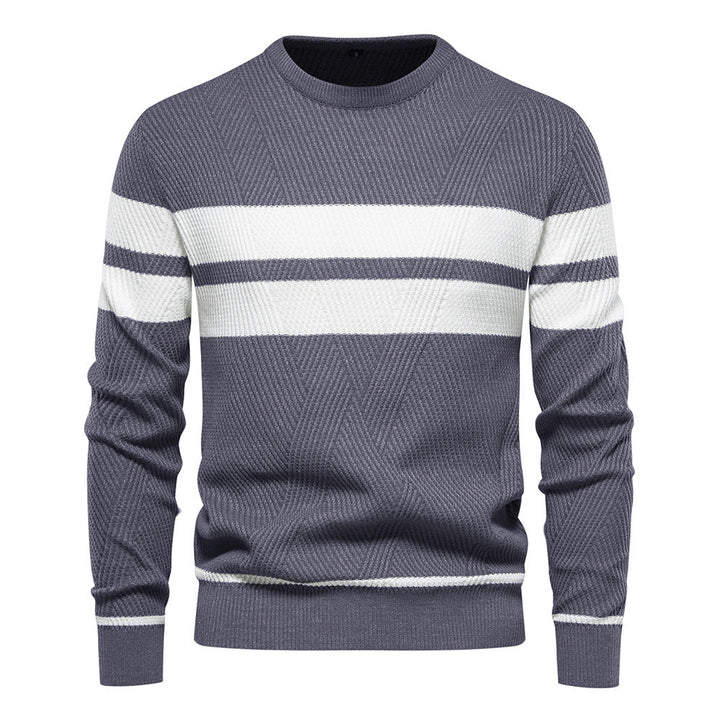 Versatile men's striped crew neck sweater. Slim fit, classic style for modern men's fashion.