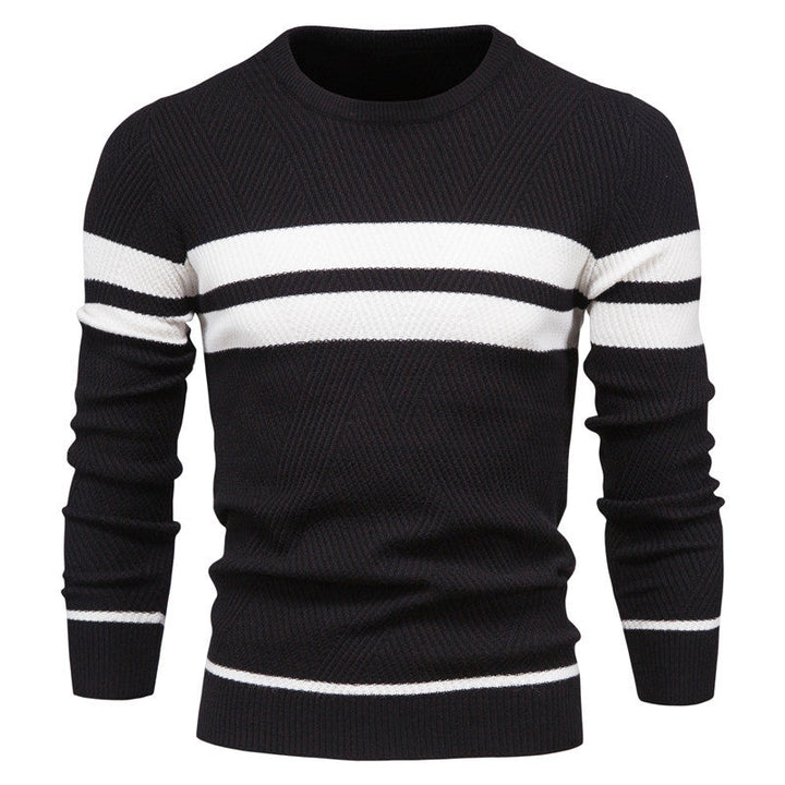 Striped crew neck sweater for men. Features a comfortable slim fit, great for casual occasions.