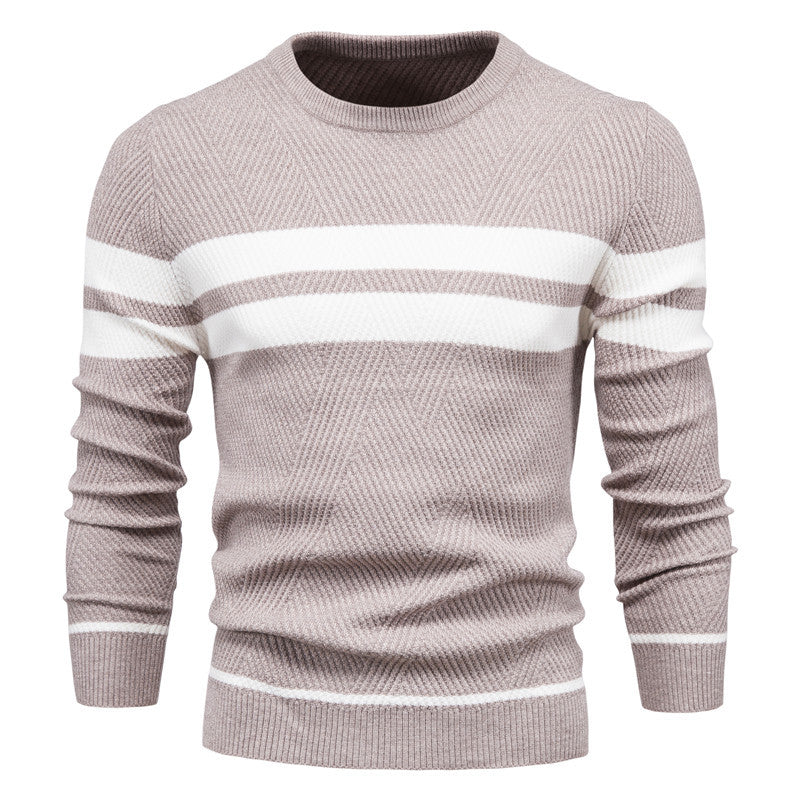 Warm men's slim fit sweater with a classic striped pattern & crew neck. Essential winter wear.