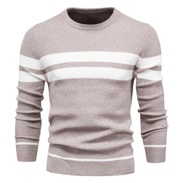 Warm men's slim fit sweater with a classic striped pattern & crew neck. Essential winter wear.